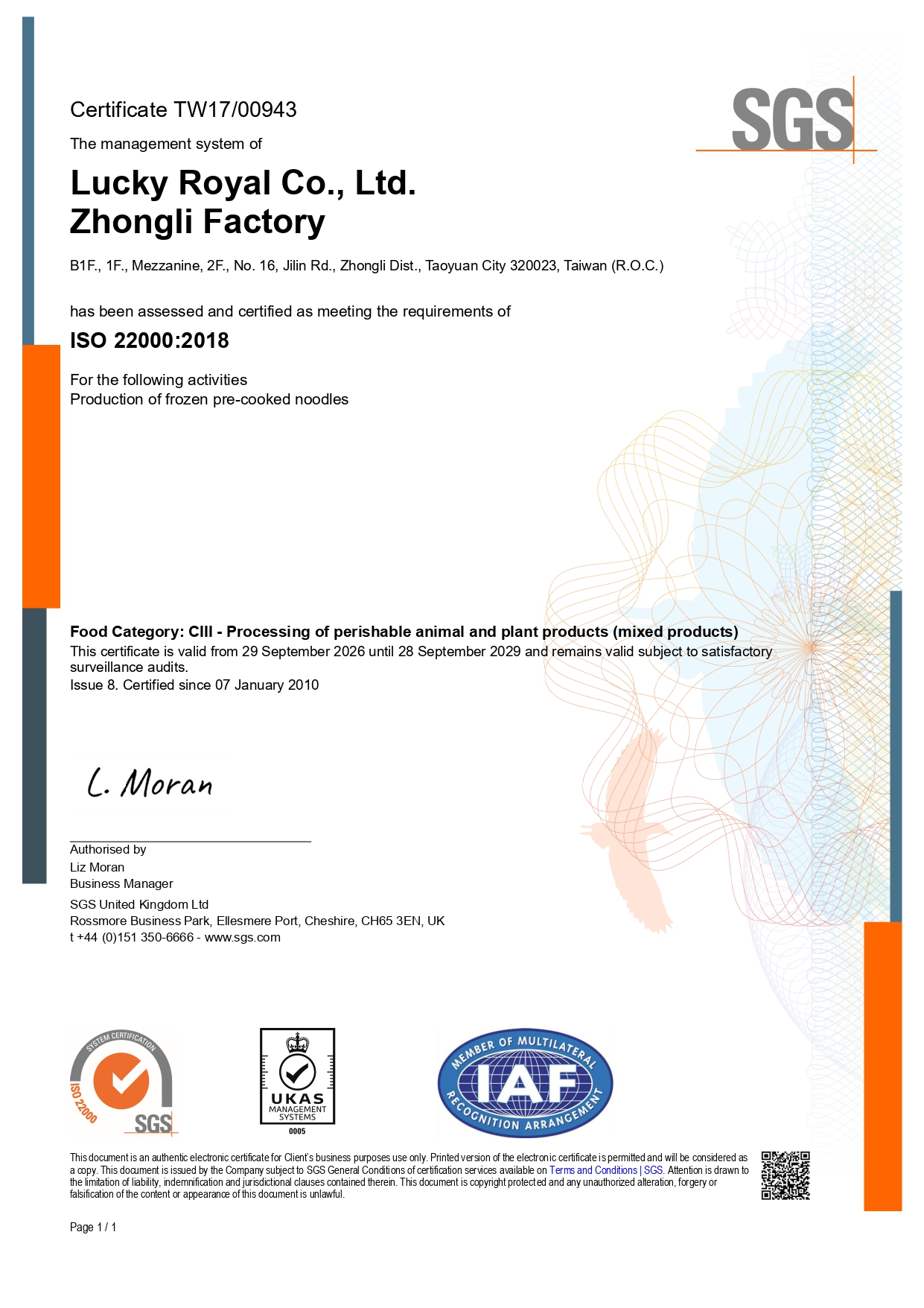 ISO 22000 - Zhongli Plant